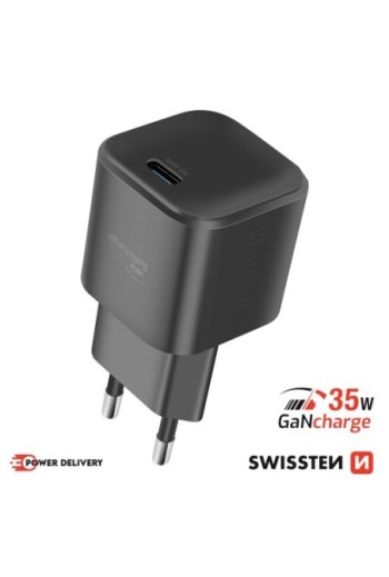 Caricabatterie USB-C GaN 35W rapido compatto - Swissten nero