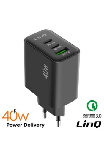 Caricabatterie da parete LinQ 40W - USB QC 3.0 + 2x USB-C Power Delivery - nero