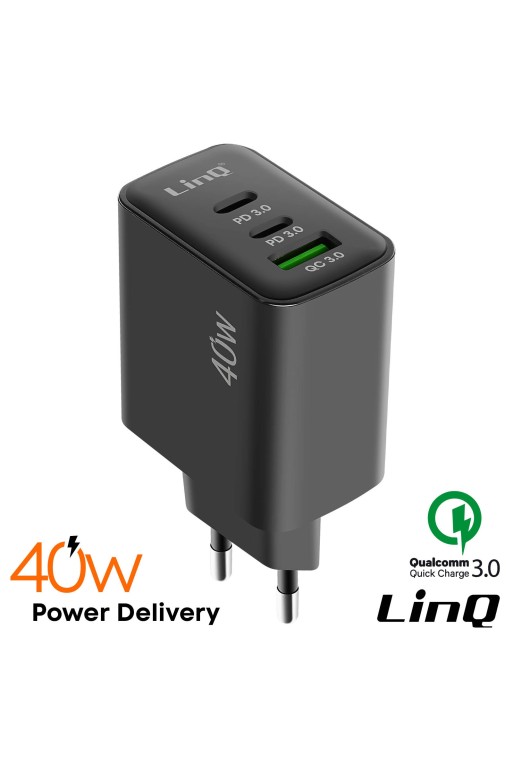 Caricabatterie da parete LinQ 40W - USB QC 3.0 + 2x USB-C Power Delivery - nero