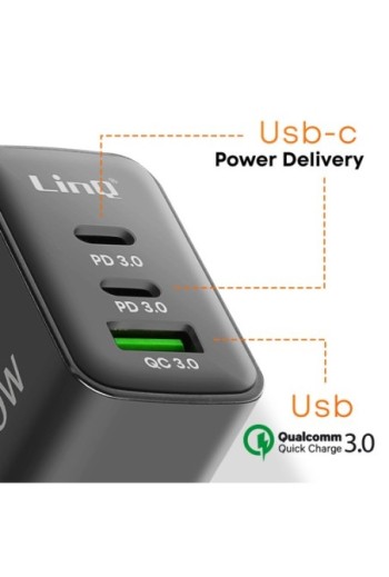 Caricabatterie da parete LinQ 40W - USB QC 3.0 + 2x USB-C Power Delivery - nero