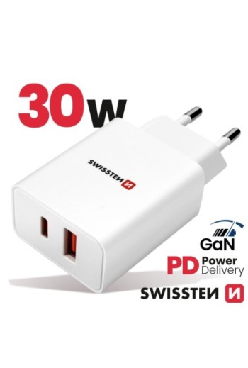 Caricatore da muro GaN 30W porta USB + USB-C Power Delivery Swissten - bianco