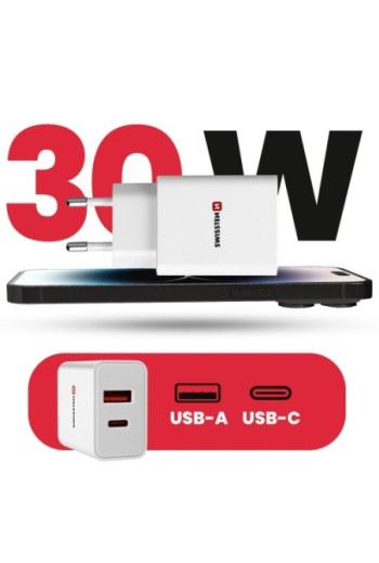 Caricatore da muro GaN 30W porta USB + USB-C Power Delivery Swissten - bianco