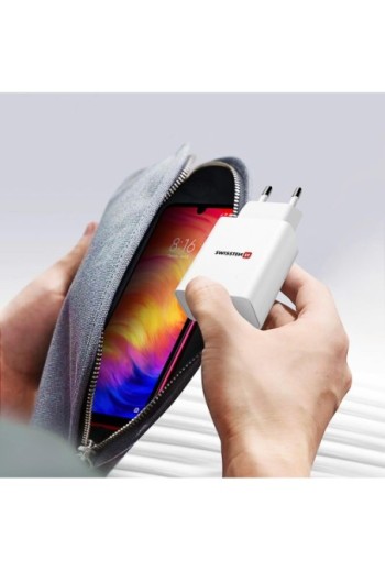 Caricatore da muro GaN 30W porta USB + USB-C Power Delivery Swissten - bianco