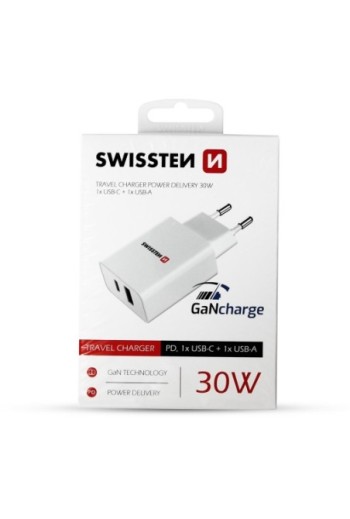 Caricatore da muro GaN 30W porta USB + USB-C Power Delivery Swissten - bianco