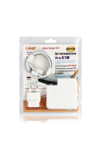 Caricabatterie USB-C Power Delivery 61W con cavo da 2 metri per MacBook LinQ - bianco