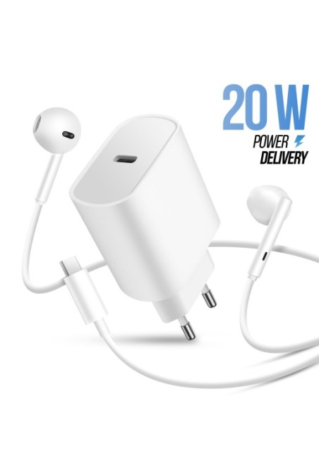 Pack 2-in-1: Caricatore USB-C da 20W + Auricolari Cablati USB-C Kit Mani Libere - Bianco
