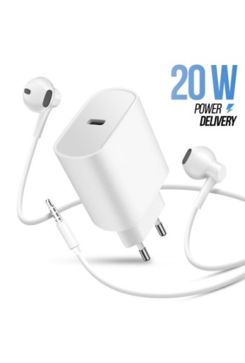 Pack 2-in-1: Caricatore USB-C da 20W + Auricolari Cablati Jack 3 5 mm Kit Mani Libere - Bianco