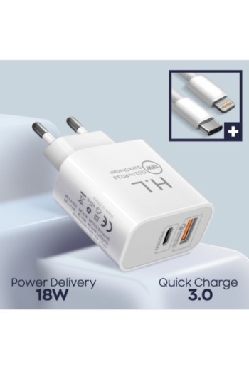 Caricatore + Cavo Lightning / USB-C uscita Power Delivery USB C + USB Quick Charge 3.0 18W bianco