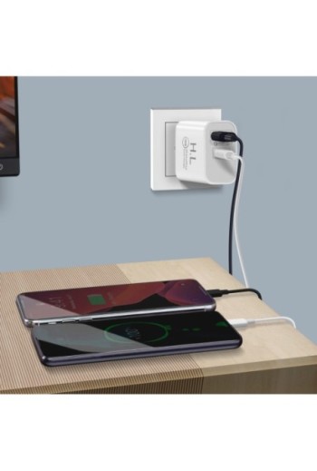 Caricatore + Cavo Lightning / USB-C uscita Power Delivery USB C + USB Quick Charge 3.0 18W bianco