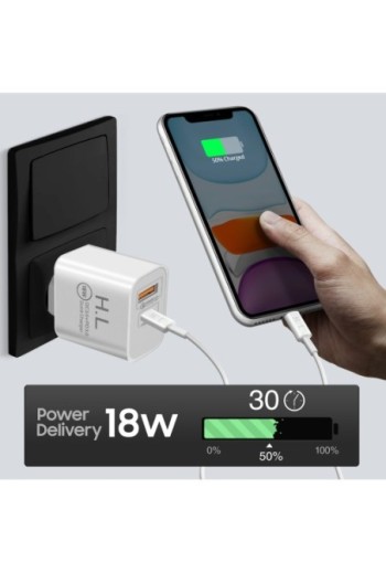 Caricatore + Cavo Lightning / USB-C uscita Power Delivery USB C + USB Quick Charge 3.0 18W bianco
