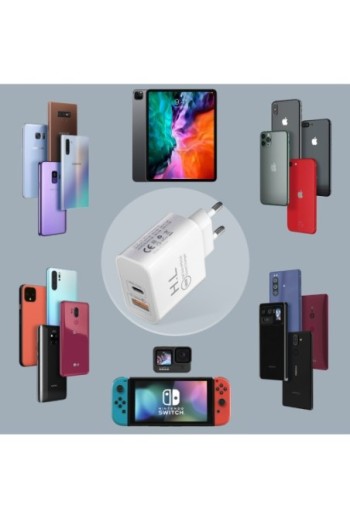Caricatore + Cavo Lightning / USB-C uscita Power Delivery USB C + USB Quick Charge 3.0 18W bianco
