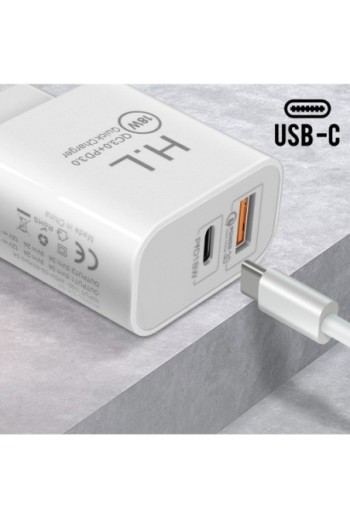 Caricatore + Cavo Lightning / USB-C uscita Power Delivery USB C + USB Quick Charge 3.0 18W bianco