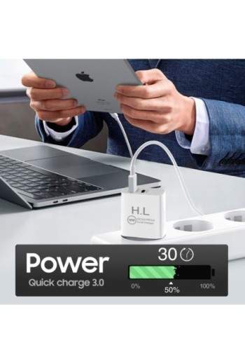 Caricatore + Cavo Lightning / USB-C uscita Power Delivery USB C + USB Quick Charge 3.0 18W bianco