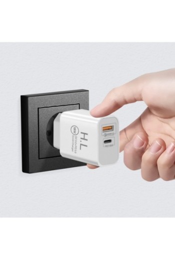 Caricatore + Cavo Lightning / USB-C uscita Power Delivery USB C + USB Quick Charge 3.0 18W bianco