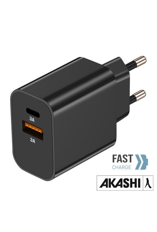 Caricatore da Muro 15W Akashi Nero - Porta USB-C + USB