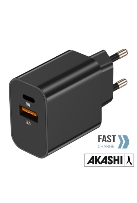 Caricatore da Muro 15W Akashi Nero - Porta USB-C + USB