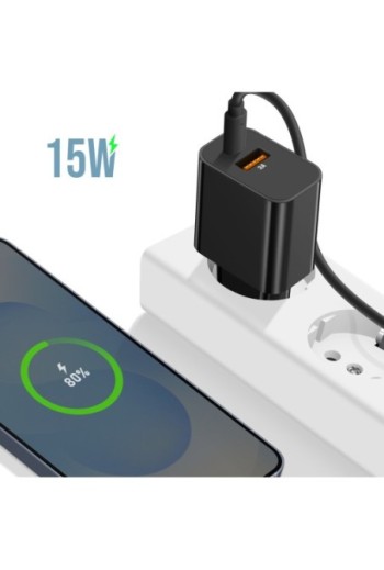 Caricatore da Muro 15W Akashi Nero - Porta USB-C + USB