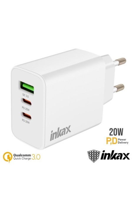 Caricatore 2x USB-C Power Delivery 20W + USB 18W - Inkax Bianco