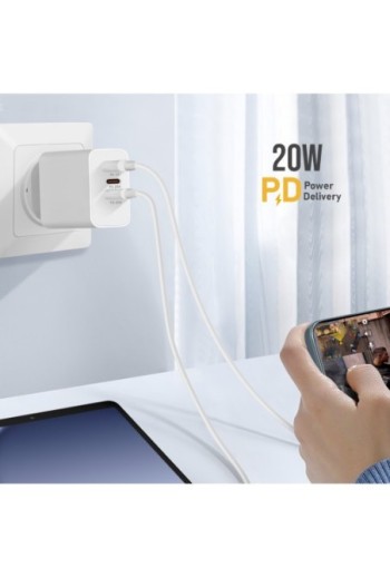 Caricatore 2x USB-C Power Delivery 20W + USB 18W - Inkax Bianco