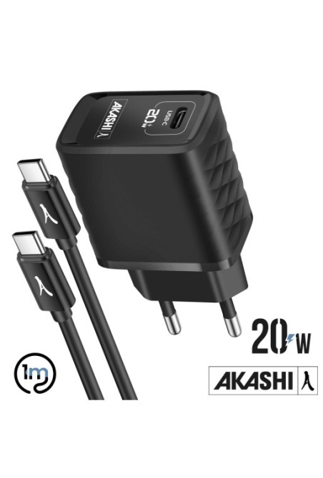 Caricabatterie USB/USB-C 20W + Cavo da USB a Lightning per iPhone e iPad Quick Charge 3.0 Akashi - Nero