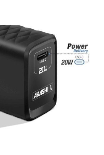 Caricabatterie USB/USB-C 20W + Cavo da USB a Lightning per iPhone e iPad Quick Charge 3.0 Akashi - Nero