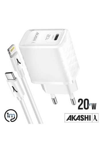 Caricabatterie USB/USB-C 20W + Cavo da USB a Lightning per iPhone e iPad Quick Charge 3.0 Akashi - Bianco