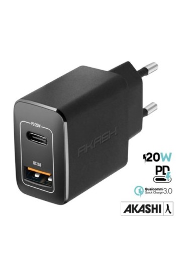 Caricabatterie da Muro USB-A QC3.0 e USB-C Power Delivery Carica Rapida 20W Akashi - Nero