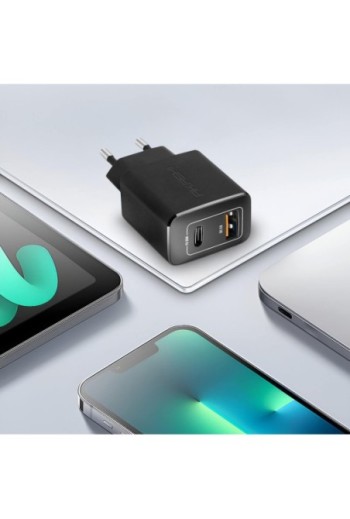 Caricabatterie da Muro USB-A QC3.0 e USB-C Power Delivery Carica Rapida 20W Akashi - Nero