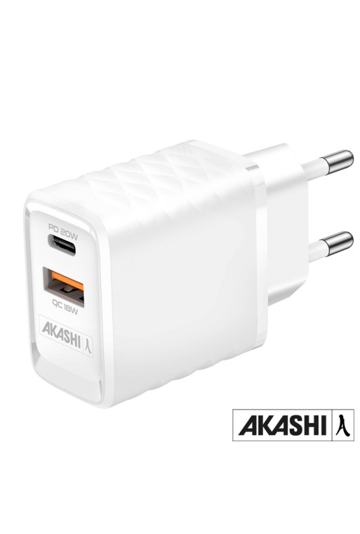 Caricabatterie da Muro USB-A QC3.0 e USB-C Power Delivery Carica Rapida 20W Akashi - Bianco