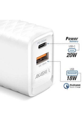 Caricabatterie da Muro USB-A QC3.0 e USB-C Power Delivery Carica Rapida 20W Akashi - Bianco