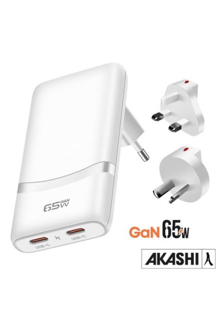 Caricatore da Viaggio GaN 65W con prese EU/US/UK/AUS - Akashi Bianco