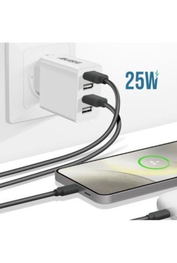 Caricatore da Muro Rapido 4 Porte USB 25W – Akashi Bianco