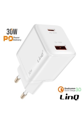 Caricatore USB-C Power Delivery 30W + USB 18W Quick Charge 3.0 - LinQ Bianco