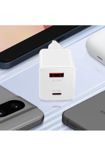 Caricatore USB-C Power Delivery 30W + USB 18W Quick Charge 3.0 - LinQ Bianco