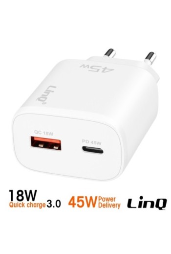 Caricabatterie da muro LinQ - USB-C Power Delivery 45W e USB Quick Charge 3.0 18W