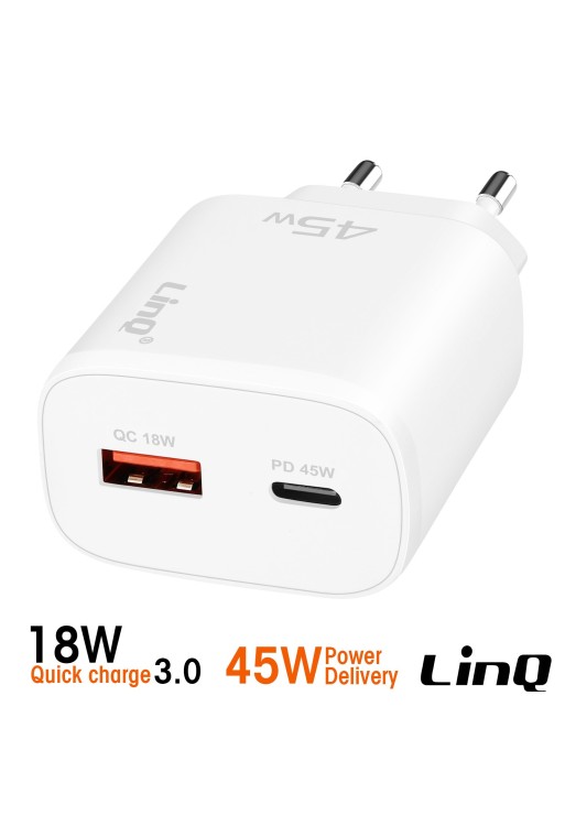 Caricabatterie da muro LinQ - USB-C Power Delivery 45W e USB Quick Charge 3.0 18W