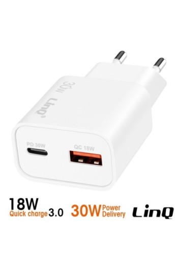 Caricabatterie da parete LinQ bianco - USB-C 30W e USB 18W Quick Charge 3.0