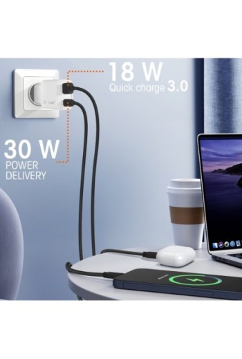 Caricabatterie da parete LinQ bianco - USB-C 30W e USB 18W Quick Charge 3.0