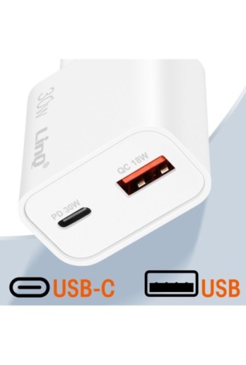 Caricabatterie da parete LinQ bianco - USB-C 30W e USB 18W Quick Charge 3.0