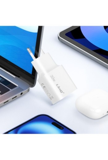 Caricabatterie da parete LinQ bianco - USB-C 30W e USB 18W Quick Charge 3.0