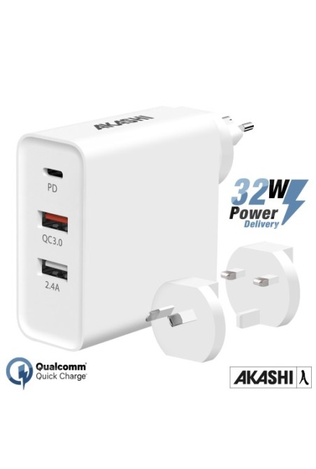 Caricabatterie da viaggio universale 32W – spine UE / USA / UK / AUS - Akashi bianco