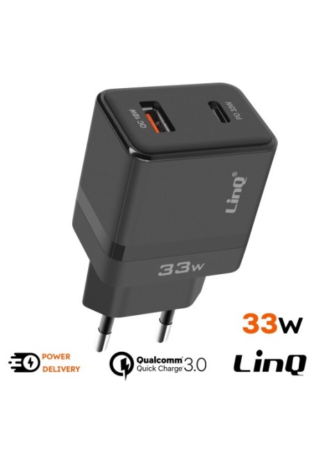 Caricabatterie da muro USB-C 33W + USB 18W - LinQ nero