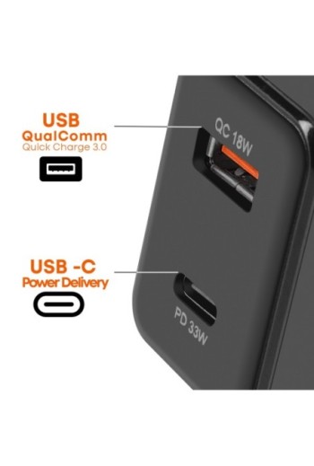 Caricabatterie da muro USB-C 33W + USB 18W - LinQ nero