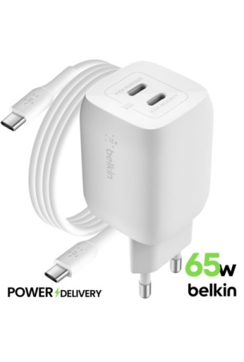 Caricabatterie Belkin due USB-C GaN 65W + cavo USB-C - BoostCharge Pro bianco