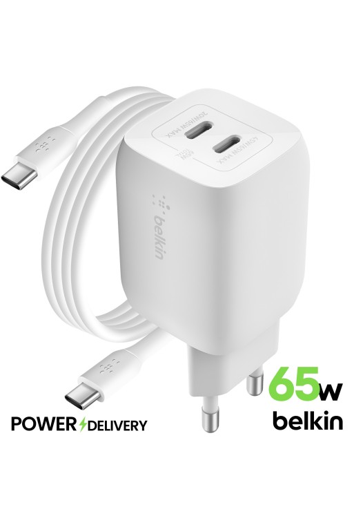 Caricabatterie Belkin due USB-C GaN 65W + cavo USB-C - BoostCharge Pro bianco