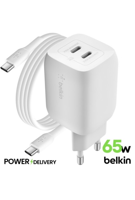 Caricabatterie Belkin due USB-C GaN 65W + cavo USB-C - BoostCharge Pro bianco