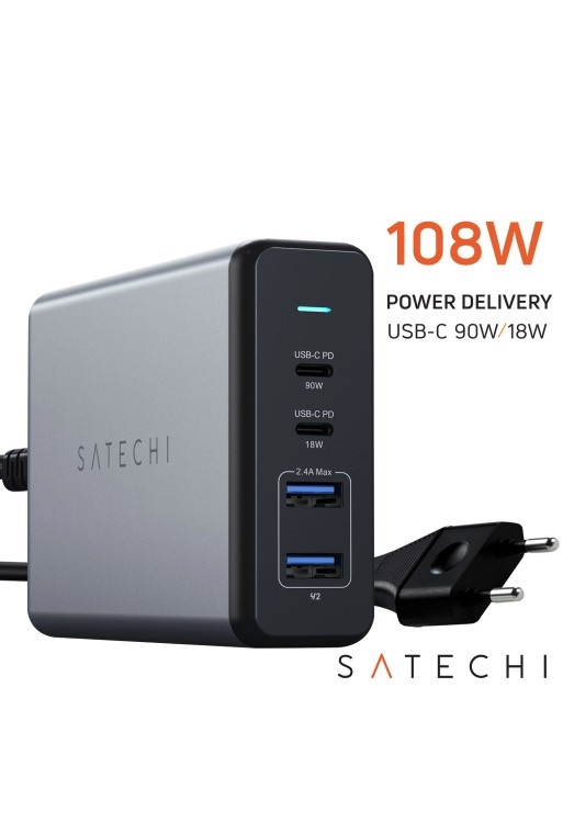 Caricabatterie 108W 2 USB-C Power Delivery + 2 USB con spina da muro Satechi grigio siderale