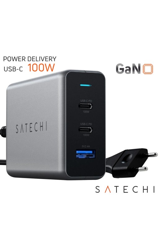 Caricabatterie GaN 100W 2 USB-C Power Delivery + USB con spina da muro Satechi grigio siderale