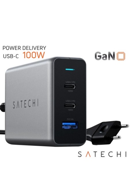 Caricabatterie GaN 100W 2 USB-C Power Delivery + USB con spina da muro Satechi grigio siderale