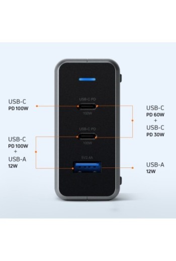 Caricabatterie GaN 100W 2 USB-C Power Delivery + USB con spina da muro Satechi grigio siderale